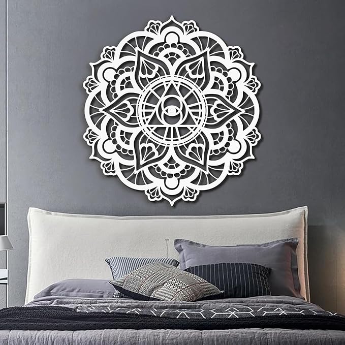 XXQ Mandala Eye of Providence Metal Wall Art Sacred Geometry Design, Black and White Abstract Geometric Wall Sculpture for Living Room, Office, Meditation Room (White, 47" x 47" / 120 x 120 cm)
