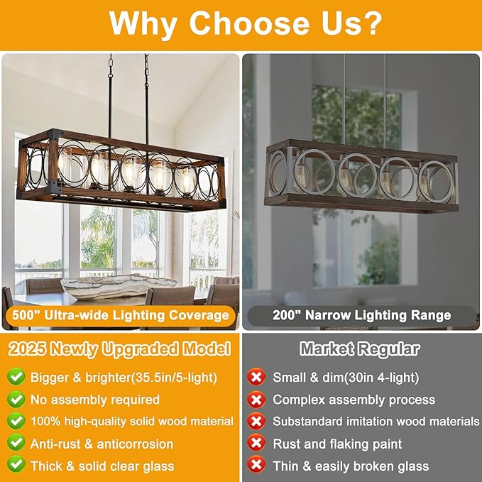 35.5" Dining Room Light Fixture/Chandelier Over Table, 5-Light Rustic Wood Kitchen Island Lighting with Clear Glass Shade Farmhouse Hanging Pendant Lights Fixtures for Kitchen Island Dining Room‌ Bar