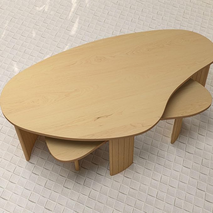 Nesting Coffee Tables Set of 2, Cloud Coffee Tables with Fluted Legs, Ash Veener End Table for Living Room, Natural