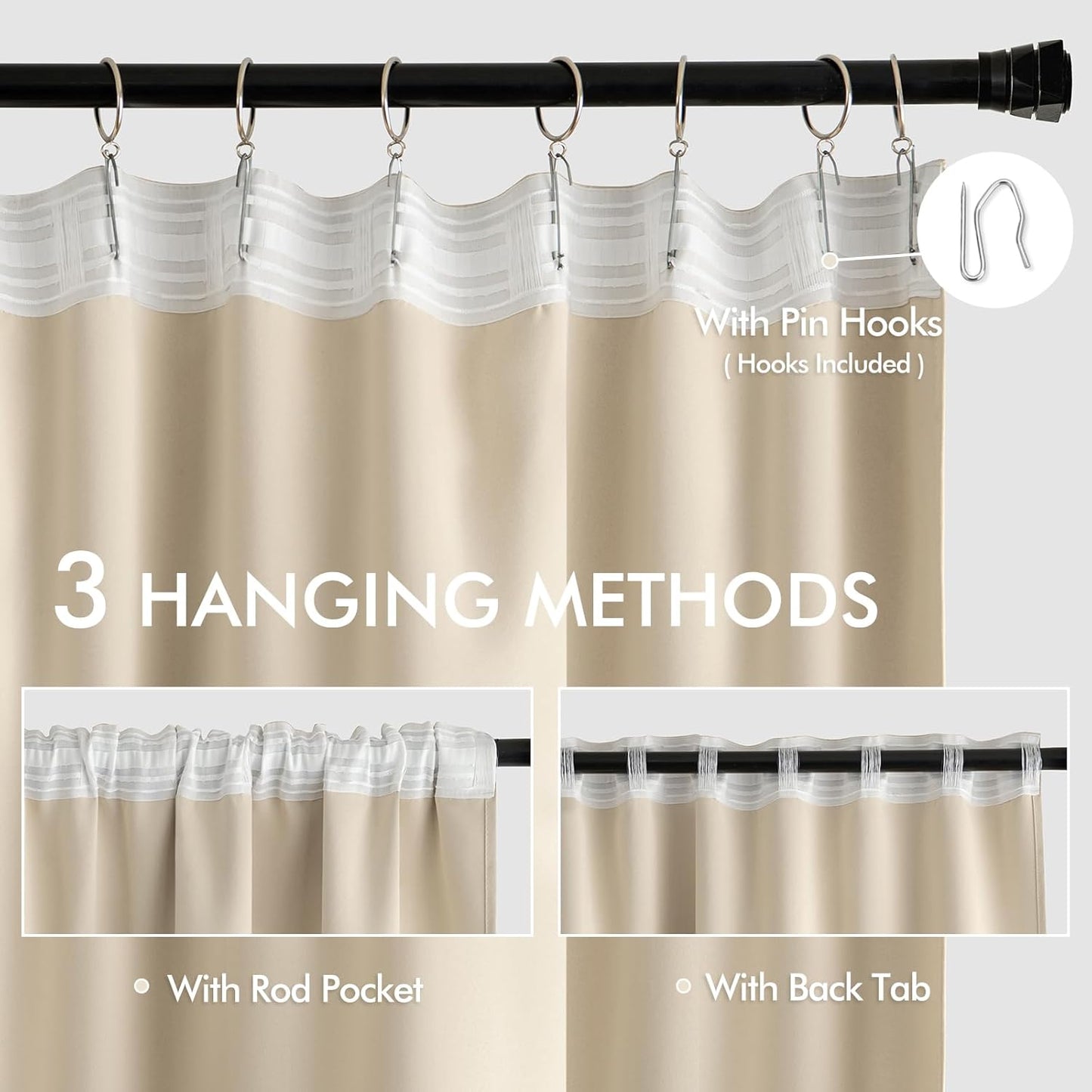 MIULEE Cream Beige Back Tab Light Blocking Curtains 72 Inch Length 2 Panels Set for Living Room Bedroom Privacy, Rod Pocket/Pinch Pleat Thermal Insulated Room Darkening Pleated Blackout Drapes