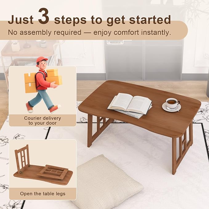 Folding Coffee Table for Living Room, 31.5 in Foldable Floor Table, Bamboo Low Coffee Tables for Small Spaces, No Assembly, Lightweight Simple Storage for Apartment, Sunroom (Brown)