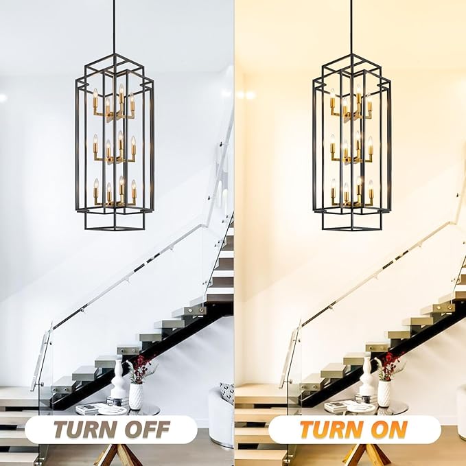 Black and Gold Chandelier, 12-Light Lantern Tiered Pendant Light Fixtures, Large Foyer Chandeliers for High Ceilings, Farmhouse Chandelier for Entryway, Modern Metal Pendant Lights for Staircase