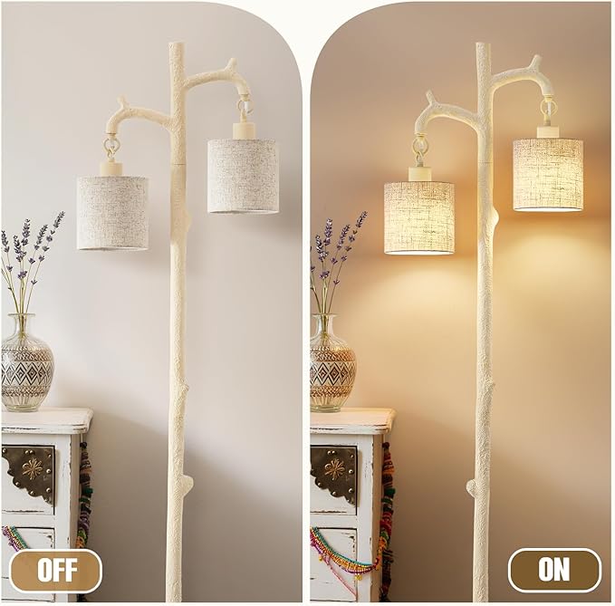 Floor Lamp for Living Room - 69" Rustic Farmhouse Tree Trunk Tall Lamp - Country Resin Vintage Reading Light with Linen Shade Standing Lamps for Bedroom Office Classroom Home Decor (Almond White)