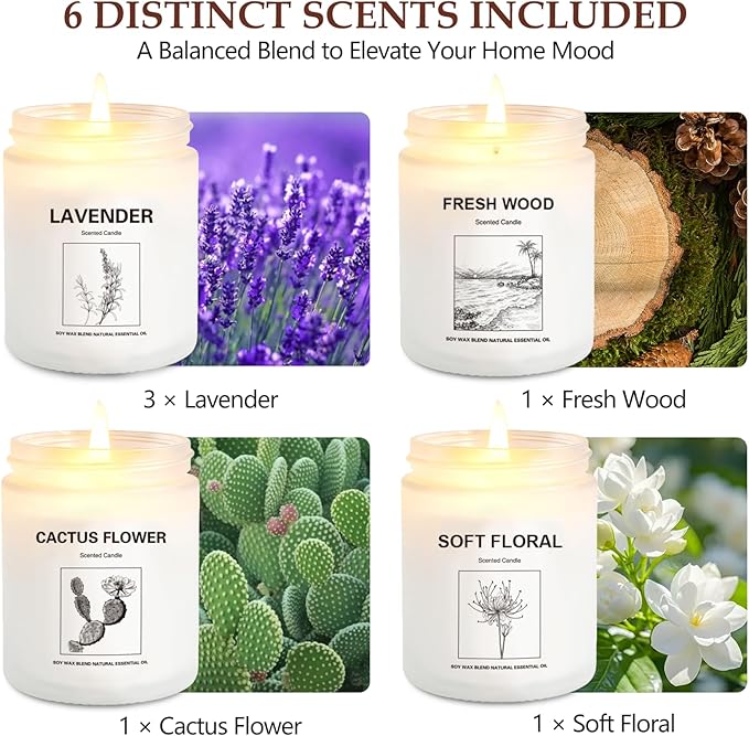 6 Pack Large 9 oz Natural Soy Wax Scented Candles- Lavender, Cactus Flower, Soft Floral & Fresh Wood- Long Lasting Aromatherapy Candle Gift Set for Home Relaxation, Christmas & Holiday Gifts for Women