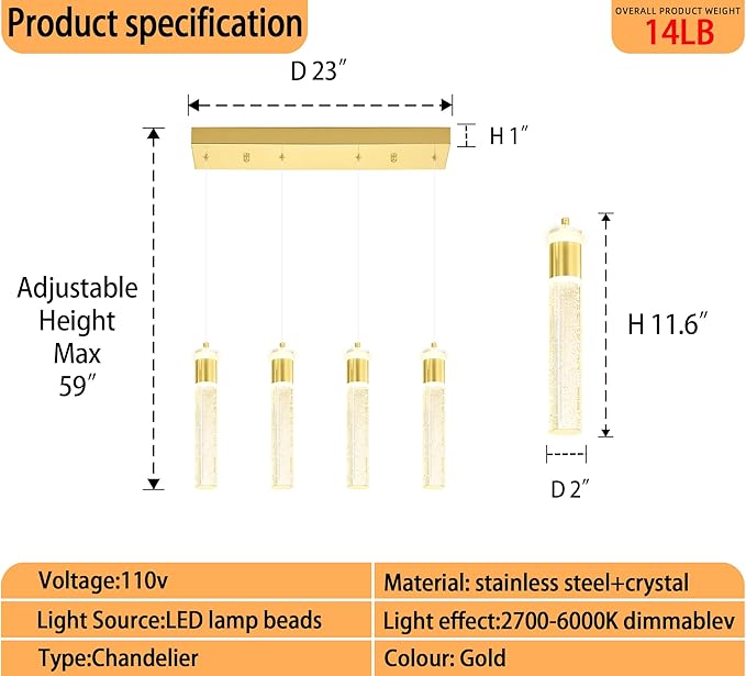 4-Light Crystal Column Chandelier Crystal Pendant Light Kitchen Island Modern Dimmable LED Ceiling Light for Dinning Room Living Room 32W Gold