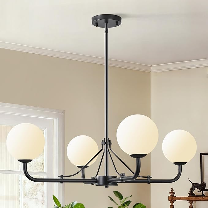 4 Lights Black Chandelier, Mid Century Modern Chandeliers for Dining Room, Hanging Sputnik Light Fixture for Living Room Kitchen Island Foyer Bedroom, Milk White Globe Glass Shade