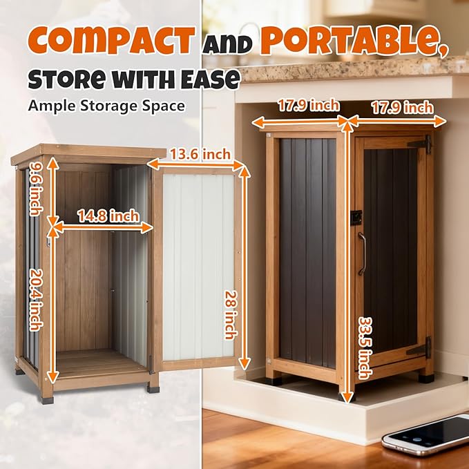 Small Outdoor Storage Cabinet, Wood & Metal Storage Shed with Weatherproof Roof, Removable Shelf, Lockable Door, 2 Metal Hinges, Adjustable Feet, Outside Storage Cabinet