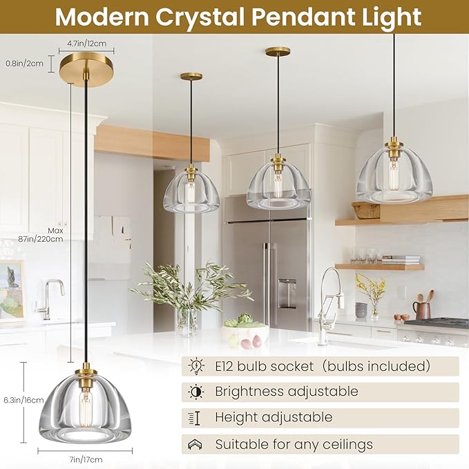 Crystal Pendant Light Kitchen Island: 2 Pack Luxury Brass Hanging Lights - 7" Modern Crystals Hemispher Lighting Fixture over Dining Table - Adjustable Gold Pendants Light for Bathroom Bulbs Included