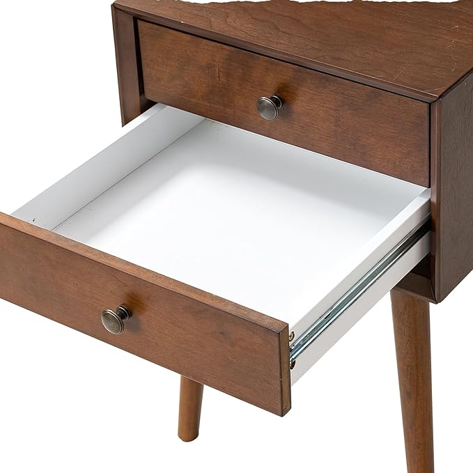 KEIKI Mid Century Modern Night Stand, Space Saving Nigtstand with 2 Big Drawers, Bedroom Bedside Coffee Table for Drink, Sofa Bed Side Desk Tables for Apartment Living Room, Easy Assembly, Walnut