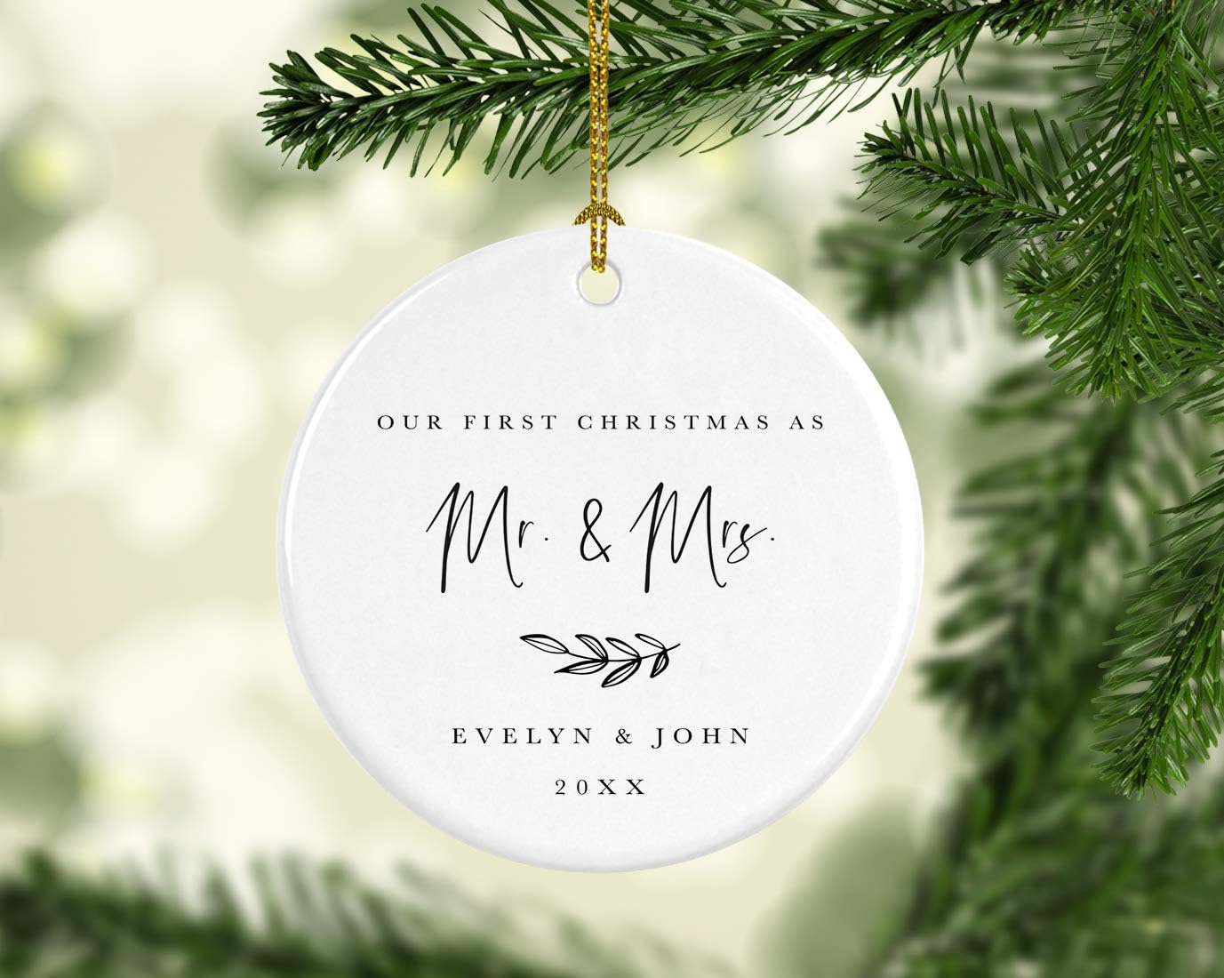 Andaz Press Personalized Wedding Round Ceramic Porcelain Christmas Tree Ornament Engagement Keepsake Collectible Gift Our First Christmas as Mr. & Mrs, Evelyn & John 2024, Antique Handdrawn, 1-Pack