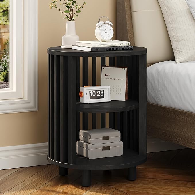 Round End Table, Wood Bedside Table, Mid Century Modern Nightstand with Open Storage Shelf, 3 Tier Small Side Tables for Living Room, Bedroom, Curved Profile Design, Black(1-Pack)