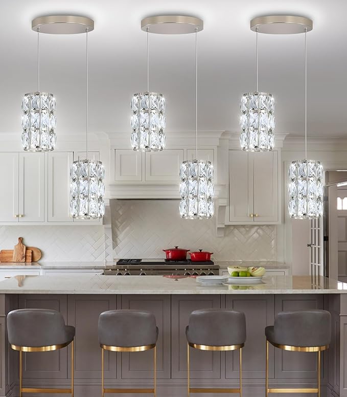2-Lights Modern Crystal Pendant Lights for Kitchen Island LED Dimmable Glam Pendant Lighting Chandelier for Dining Room Hallway Corner Lamp Nickel