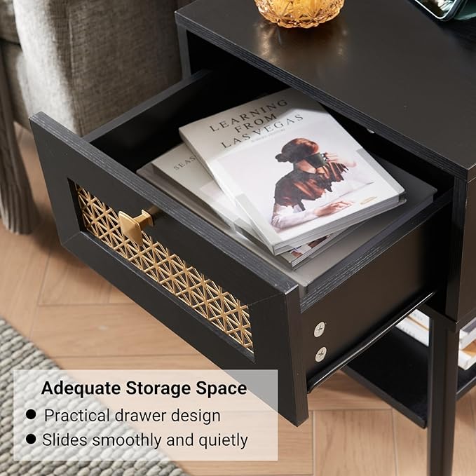 Black Farmhoue Side Table with Charging Station - Small Rustic Nightstand with USB Ports & Outlets, Storage Drawer & Open Shelf, Mid Century Modern Style Furniture for Living Room, Bedroom