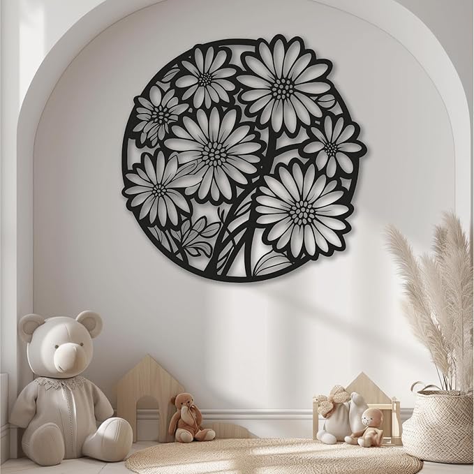 XXQ Metal Wall Art Decor, Daisy Flower Metal Wall Art Sculpture for Indoor Outdoor Line Wall Art for Bedroom Living Room and Kitchen (White, 31" x 31" / 80 x 80cm)