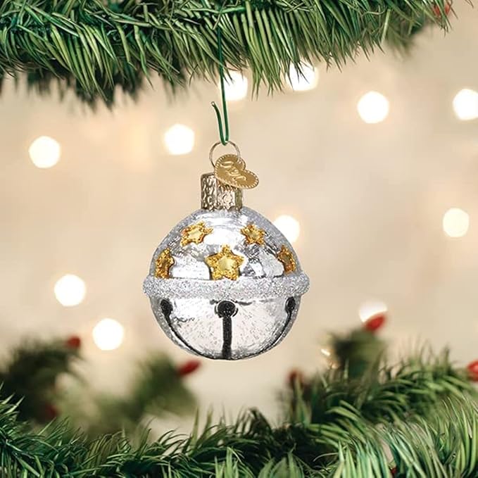 Old World Christmas Silver Jingle Bell Glass Blown Ornament for Christmas Tree, Handcrafted Holiday Decoration, Bell Collection