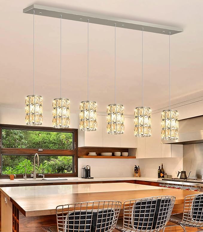 6-Lights Rectangle Modern Crystal Pendant Lights for Kitchen Island LED Dimmable Glam Pendant Lighting Chandelier for Dining Room Hallway Corner Lamp Nickel