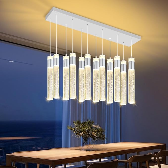 Glam Rectangular Crystal Column Chandelier for High Ceiling 12-Lights Silver LED Dimmable Pendant Light for Kitchen Island Dining Room Entrance Foyer Living Room Adjustable Height