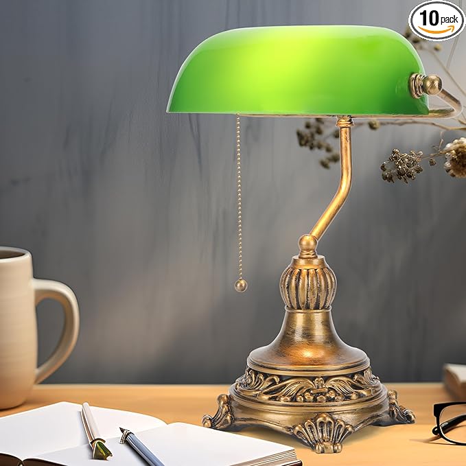 NISSAFORS Bankers Lamp with Pull Switch, Green Glass Desk Lamp with Retro Black/Gold Finish, Vintage Table Lamps for Living Room, Library, Piano(Green)