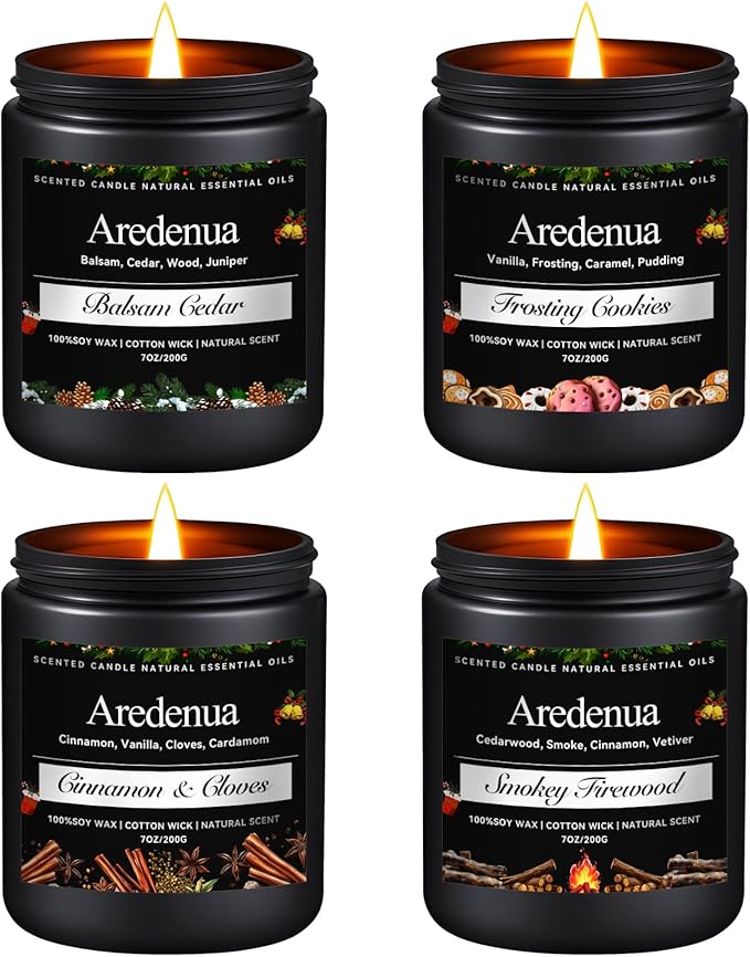 Christmas Candles Set | 4 Pack Christmas Scented Candles - 7oz Soy Candle for Home, Holiday Scented of Balsam Cedar, Frosting Cookies, Cinnamon & Cloves, Smokey Wood - Winter Gifts for Women Men