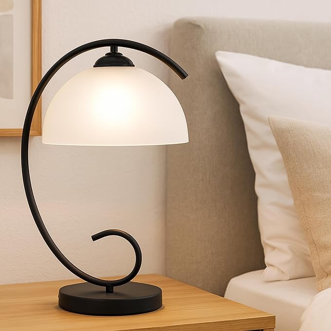 Modern Table Lamp for Bedroom, 17.5" Tall Plug-in Bedside Lamp with Frosted Glass Dome Shade, Sand Black Metal Base, E26 Socket, Corded with Switch – Perfect Nightstand & Desk Lamp (No Bulb)