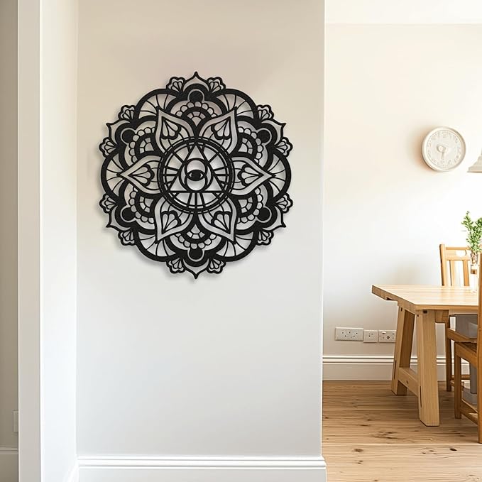 Mandala Eye of Providence Metal Wall Art Sacred Geometry Design, Black and White Abstract Geometric Wall Sculpture for Living Room, Office, Meditation Room (Black, 24" x 24" / 60 x 60 cm)
