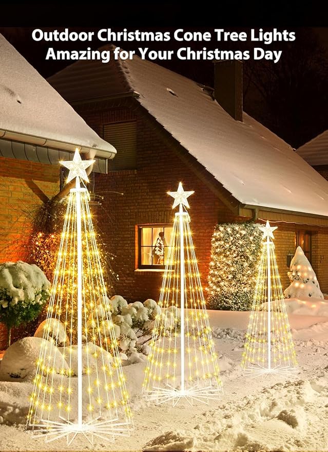 Outdoor Christmas Cone Tree Light with Remote, 3Set 4/5/6ft Lightshow Christmas Tree with Star Topper, Dimmable Artificial Christmas Tree for Porch Yard Patio Indoor Christmas Decorations, Warm White