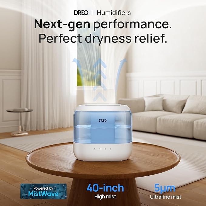 Dreo Humidifiers for Bedroom, 4L Top Fill for Large Room, 36H Runtime, 28 dB Quiet Supersized Cool Mist Air Humidifier for Baby Nursery, Plants, Indoor, Night Light, Easy to Clean & Fill, Blue