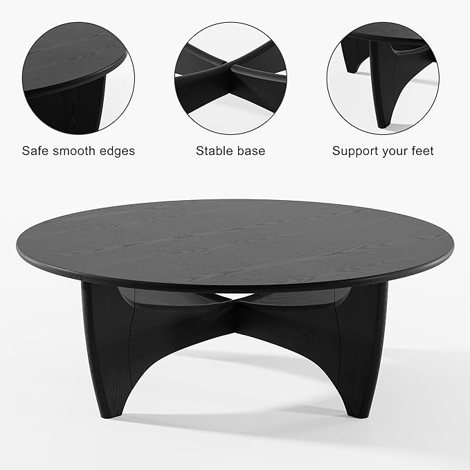 Casaphoria 38" Round Coffee Table, Modern Farmhouse Wood Coffee Table with Cross Sturdy Legs for Home Office, Living Room, Easy Assembly, Black