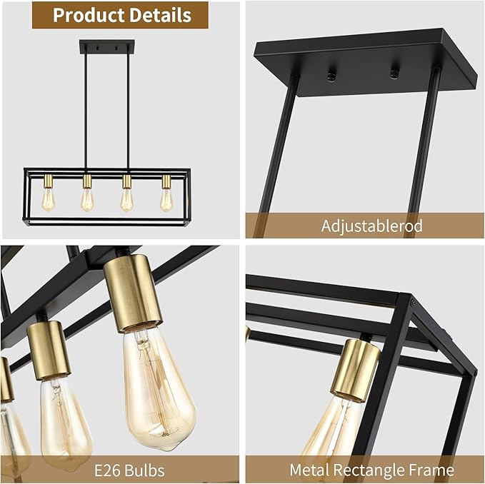 4-Light Dining Room Light Fixture,Black Farmhouse Kitchen Island Lighting,Rustic Pendant Light Over Table with Adjustable Rods,Modern Linear Chandeliers for Dining Room Kitchen Island