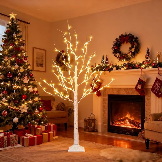 Dazzle Bright 2 Pack Lighted Birch Tree, 4 FT Total 96 LED Pre-lit Artificial Christmas Tree with Timer, Christmas Decorations Indoor Outdoor for Home Garden Party Thanksgiving Decor, Warm White