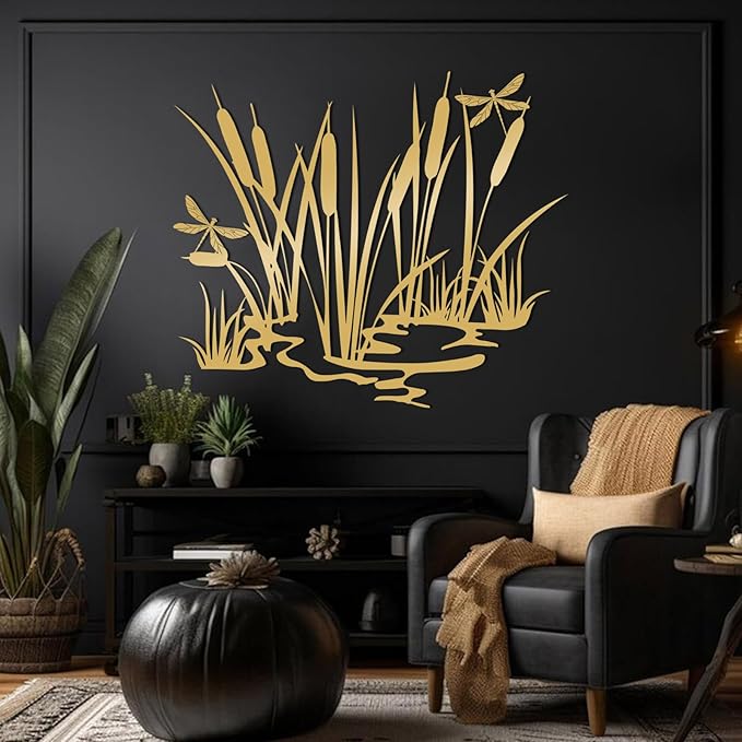 EANHIPE Metal Cattails & Dragonfly Wall Art, Cattails Metal Wall Art, Rustic Farmhouse Decor, Nature Themed Decor for Living Room, Bedroom, Bathroom, Housewarming Gift (White, 35"x30"/90x77cm)