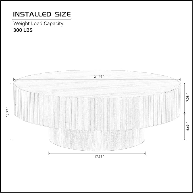 31.49" Modern Round Coffee Table,Sturdy MDF Material Pedestal Base,Fluted Wood Top,Luxury Drum Accent Table for Living Room,Kitchen,Apartment (Natural Ash,Round+Ø31.49 x13.97)