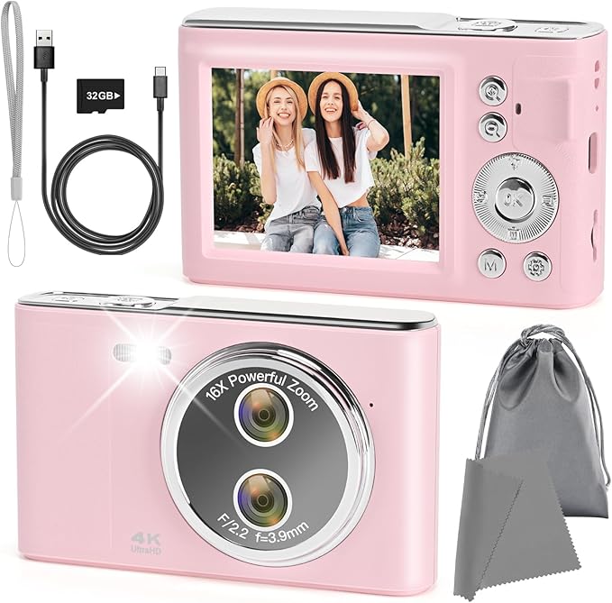 Digital Camera, 48MP FHD 1080P Point and Shoot Camera with 16x Zoom, Anti Shake Compact Portable Camera for Photography with 32GB Card, Autofocus Camara for Kids, Beginners, Teens, Pink