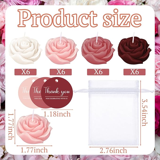 Treela 24 Setflower Candles Wedding Favor for Guests Mini Burgundy Rose Shaped Tealight Candles for Return Gift Wedding Birthday Bridal Shower Housewarming Party