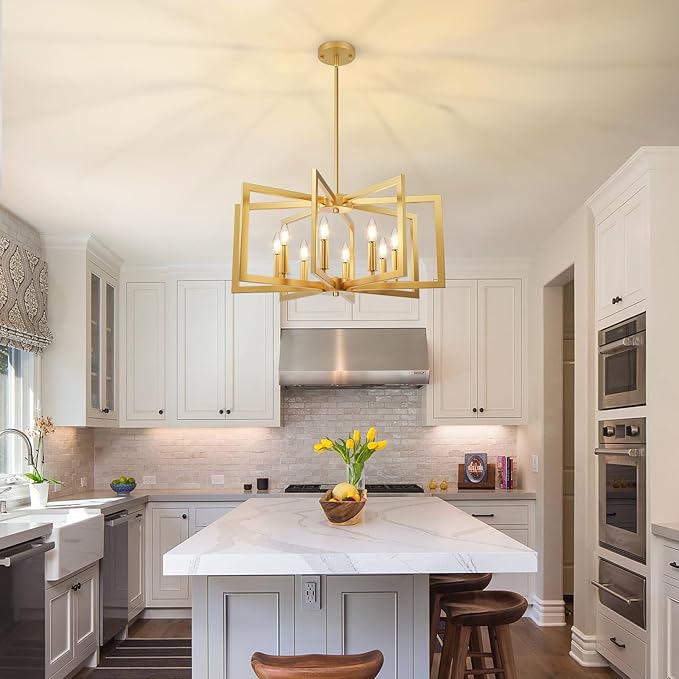 8-Light Gold Chandelier, Farmhouse Dining Room Light Fixture, Modern Chandelier, Geometric Industrial Metal Hang Lighting Fixture for Foyer Entryway Kitchen Over Table Hallway Living Room