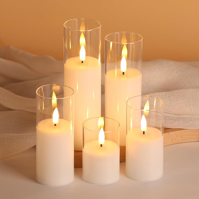 Clear Glass Flameless Candles with Remote Batteries, Flickering Slim LED Pillar Candles Set of 5