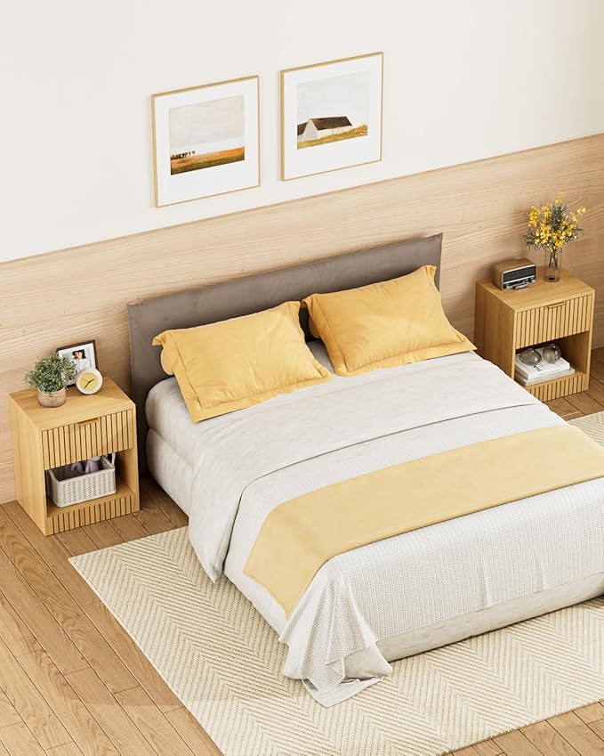 Tall Nightstand Extra Large Nightstand, Modern Night Stand, Bedside Table with Drawer and Open Shelf, Cube Design, Side Table for Bedroom, Living Room, Oak