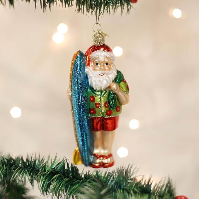 Old World Christmas Surfer Santa Glass Blown Ornament for Christmas Tree, Handcrafted Holiday Decoration, Santa Collection