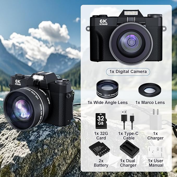 6K 64MP Digital Camera for Photography Vlogging Camera for YouTube, 180° Flip Screen, 16X Zoom Autofocus, Compact Travel Beauty Camera for Teens, 2 Batteries, with 52mm Lens, 32GB SD Card