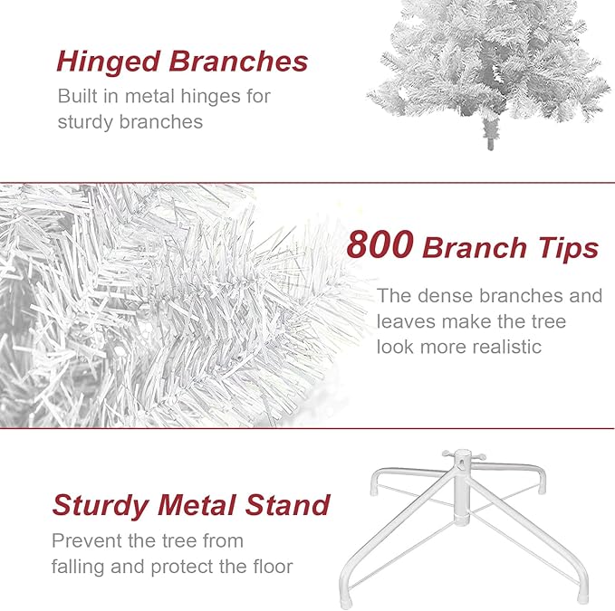 BESTHLS 6 feet White Christmas Tree Artificial Christmas Pine Tree for Holiday Decoration with Metal Stand and 800 Branch Tips White