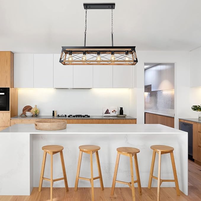 Airposta Farmhouse Rustic Wood Chandelier, 5 Lights Metal Rectangle Dining Room Swag Lighting, Kitchen Island Industrial Linear Cage Pendant Light Fixtures Hanging Lamp