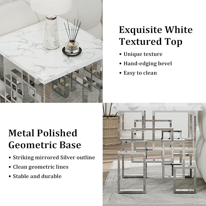 AUZ End Table, White and Silver Side Table, Square Living Room Corner Table with Polished Stainless Steel Geometric Base, Set of 4