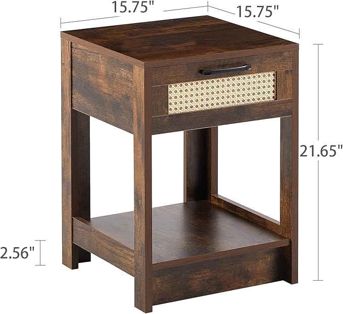 Rattan Nightstand - Wooden Boho End Table with Storage Drawer and Opening Shelf, Bedside Tables Bed Side Table Accent Table for Living Room, Bedroom Small Space