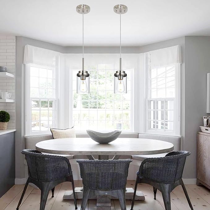 MELUCEE 2 Pack Pendant Lights Kitchen Island Brushed Nickel Adjustable Hanging Ceiling Lamp with Clear Glass Shade, Modern Glass Pendant Lights for Dining Table Hallway Living Room