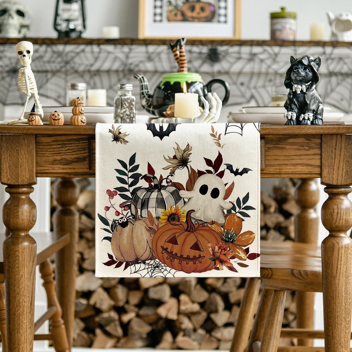 Artoid Mode Pumpkin Ghost Leaves Spider Web 210 GSM Halloween Table Runner, Spooky Kitchen Dining Table Decoration for Home Party Decor 13x120 Inch