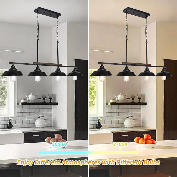 Kitchen Island Light, 4 Lights Black Pendant Dining Room Light Fixture Farmhouse Chandeliers for Dining Room Over Table Metal Hanging Lamp for Kitchen Island Hallway Pool Table