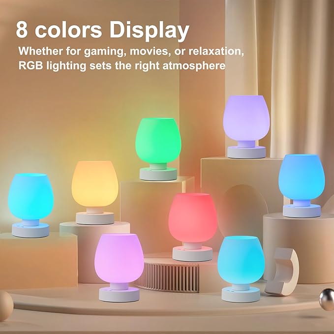 Small Table Lamp Cordless Nightstand Lamp - Rechargeable Modern Bedside Lamp with White Glass Shade, Stepless Dimmable & 8 RGB Colors & Memory, Battery Touch Lamp for Nursery Bedroom Nightstand