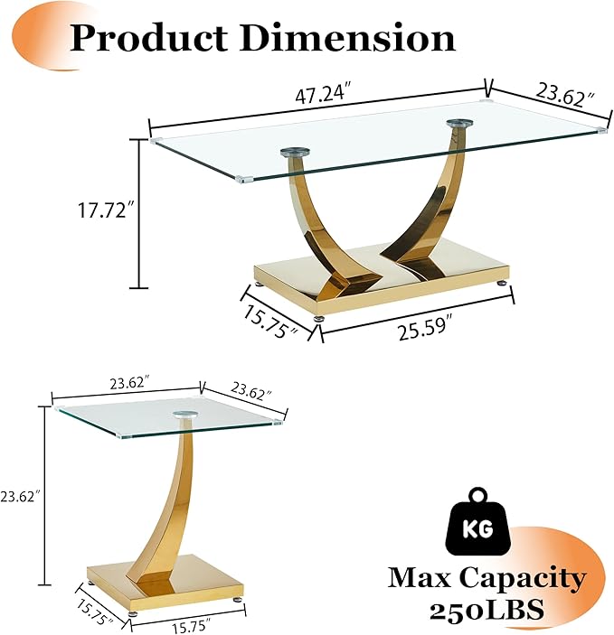 Modern Glass 3 Piece Living Room Table Set, Coffee Table Set with 1 Coffee Table and 2 End Tables, Tempered Glass Top and Gold Horn-Shaped Stainless Steel Base for Living Room, Office