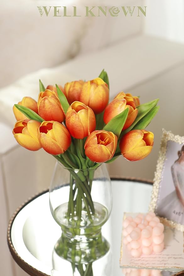 WELL KNOWN 12 Pcs Tulips Artificial Flowers in Vase, Real Touch Tulips with Vase with Upgrate Acrylic Water Flower Arrangements Centerpiece for Dining Room Table Decoration（Orange）