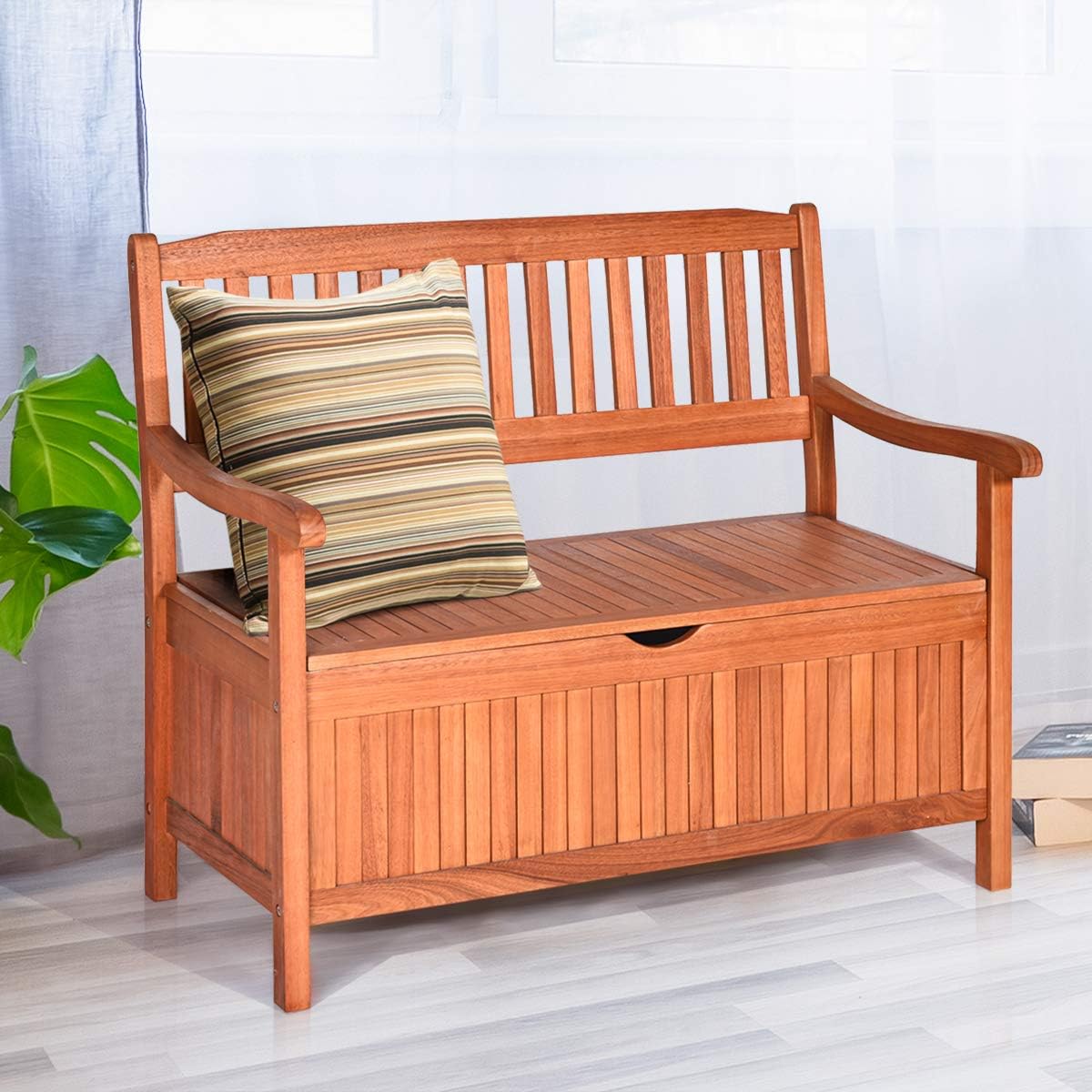 Tangkula Outdoor Wood Storage Bench Deck Box, Entryway Porch Storage Bench with Inner Removable Dust-Proof Lining & Portable Handles, Eucalyptus Wood Loveseat for Garden, Lawn, Balcony & Yard